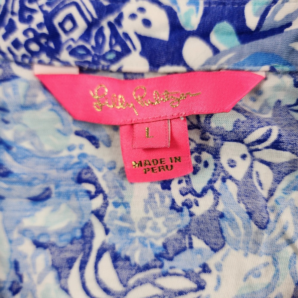 Lilly Pulitzer Ansley Polo Top Go Animals Blue 3/4 Sleeve Pima Cotton Shirt L - Picture 3 of 7